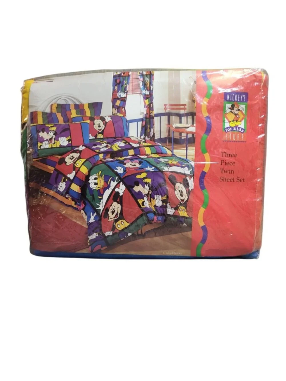 Vtg Disney Mickey's for Kids Stuff Three-Piece Twin Sheet Set Color Block
